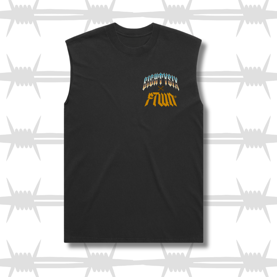 eghtysix x flinttown tank front show, with eightysix logo in a chrome tattoo style and ftown logo in orange