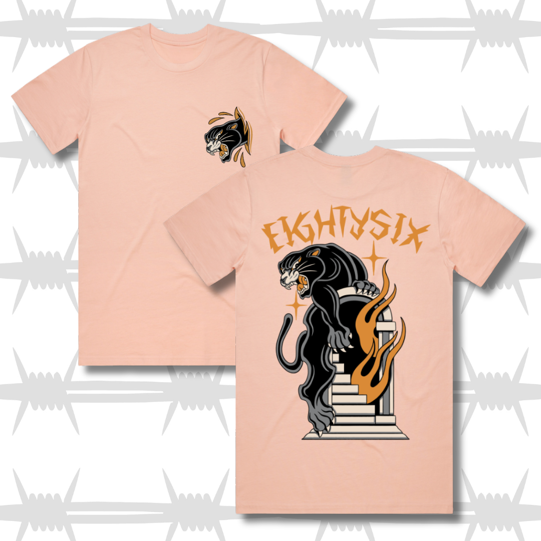 Salmon graphic t-shirt with black panther and flame design on the front and a skin rip panther head in a traditional tattoo style on the front