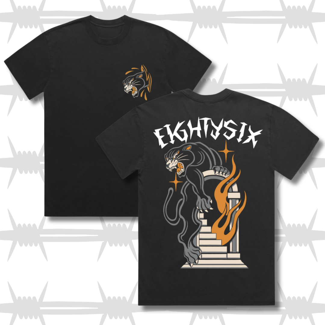 Black graphic t-shirt with traditional tattoo panther design and 'EIGHTYSIX' text on the back and a kin rip tradional style panth on the front