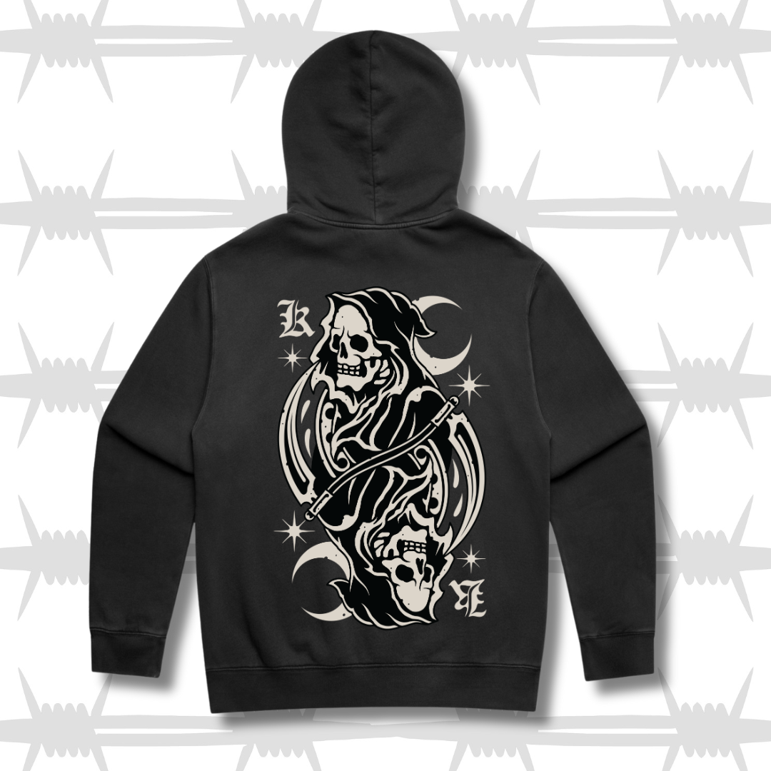 Black hoodie with tattoo inspired reaper design in the style of a king playing card