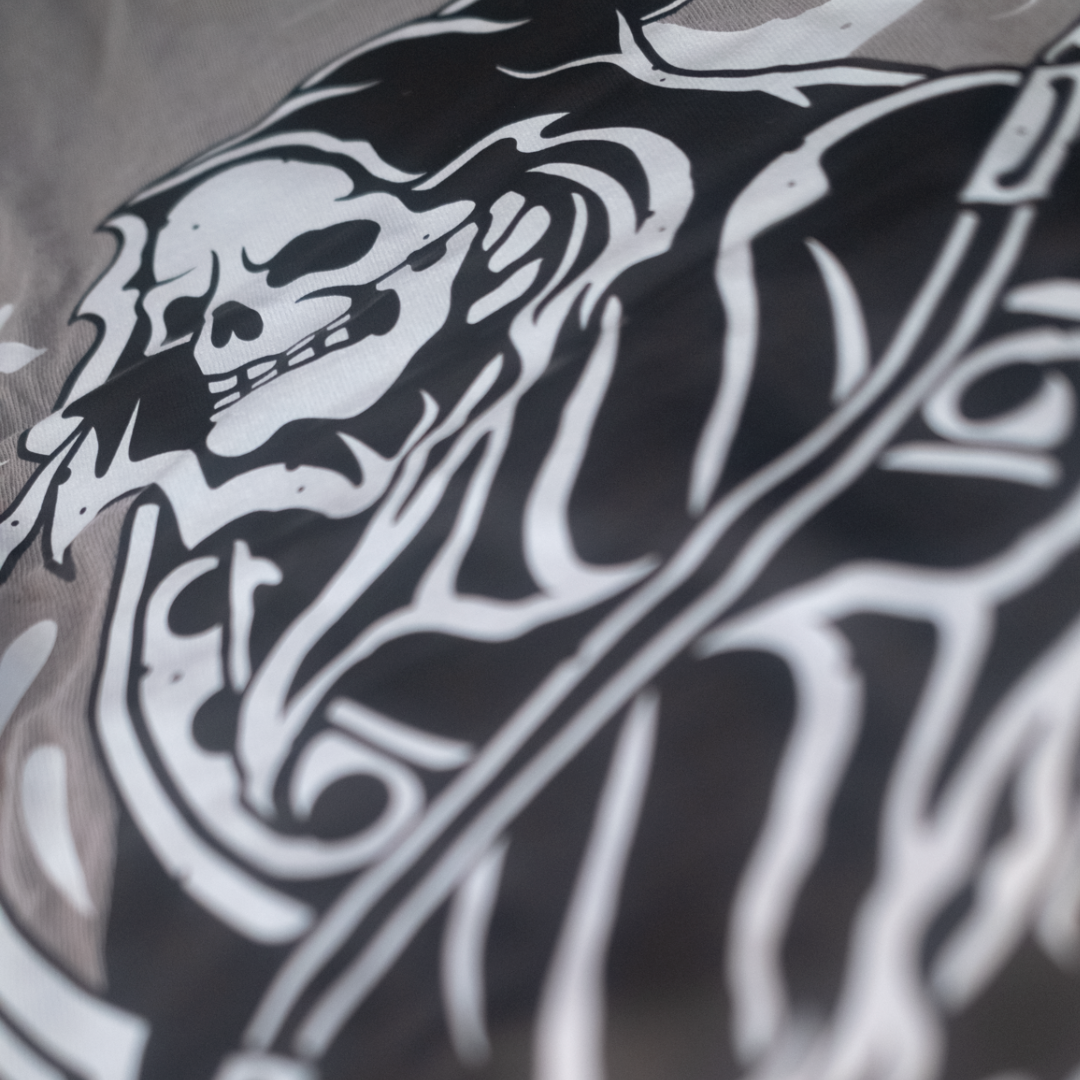Grey hoodie with eightysix in white on front and tattoo inspired reaper design in the style of a king playing card
