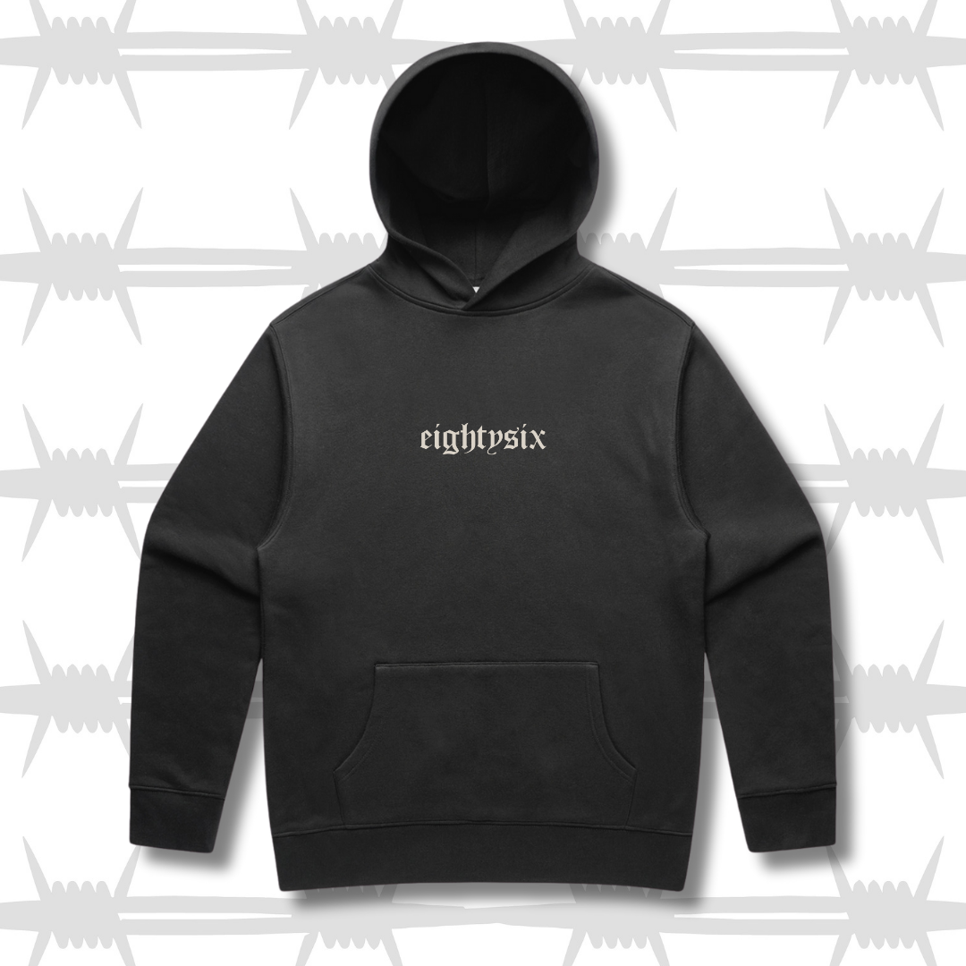 Black hoodie with eightysix in white on front 
