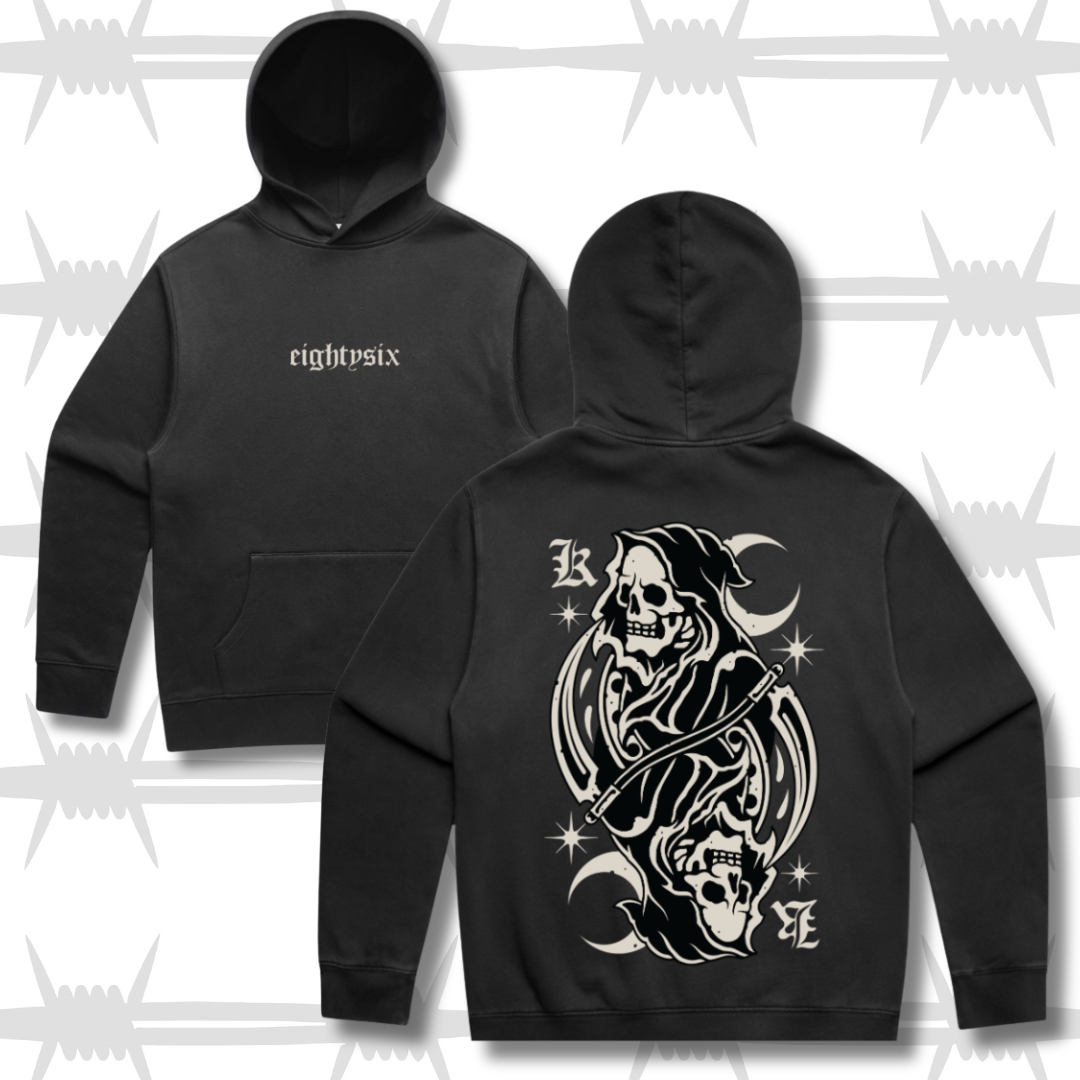 Black hoodie with eightysix in white on front and tattoo inspired reaper design in the style of a king playing card