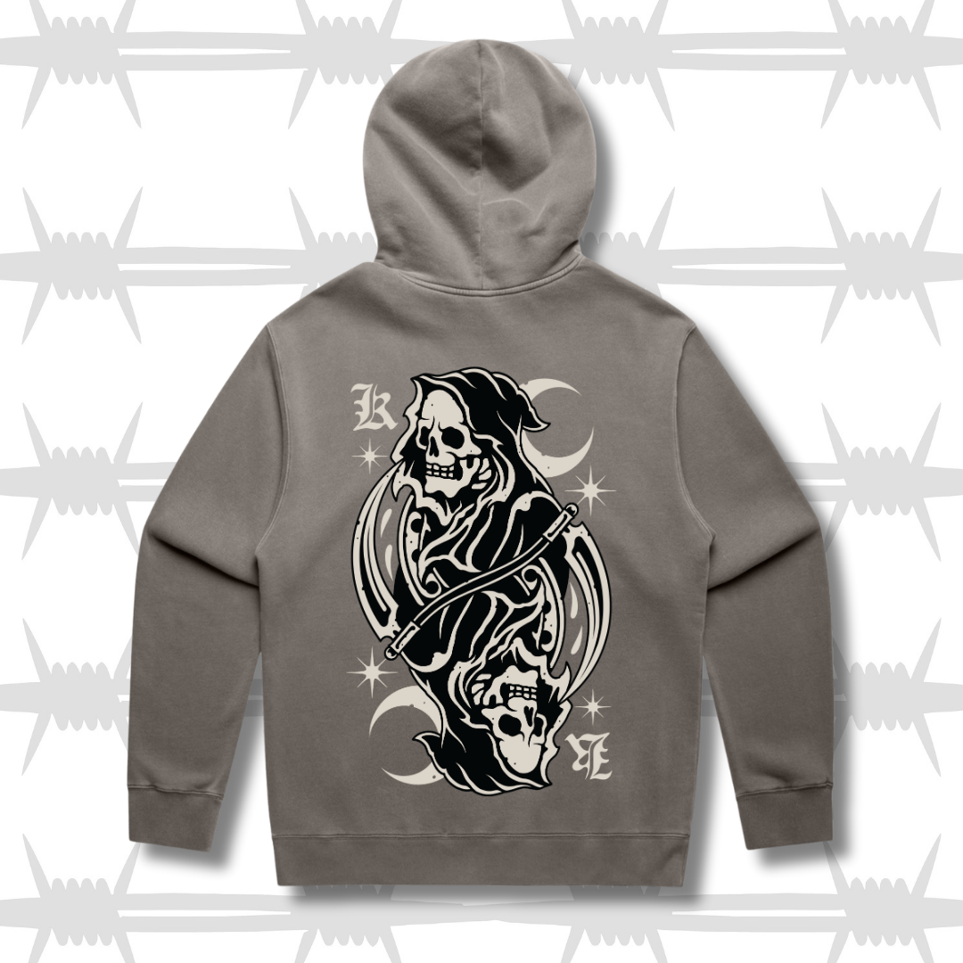 Grey hoodie with tattoo inspired reaper design in the style of a king playing card