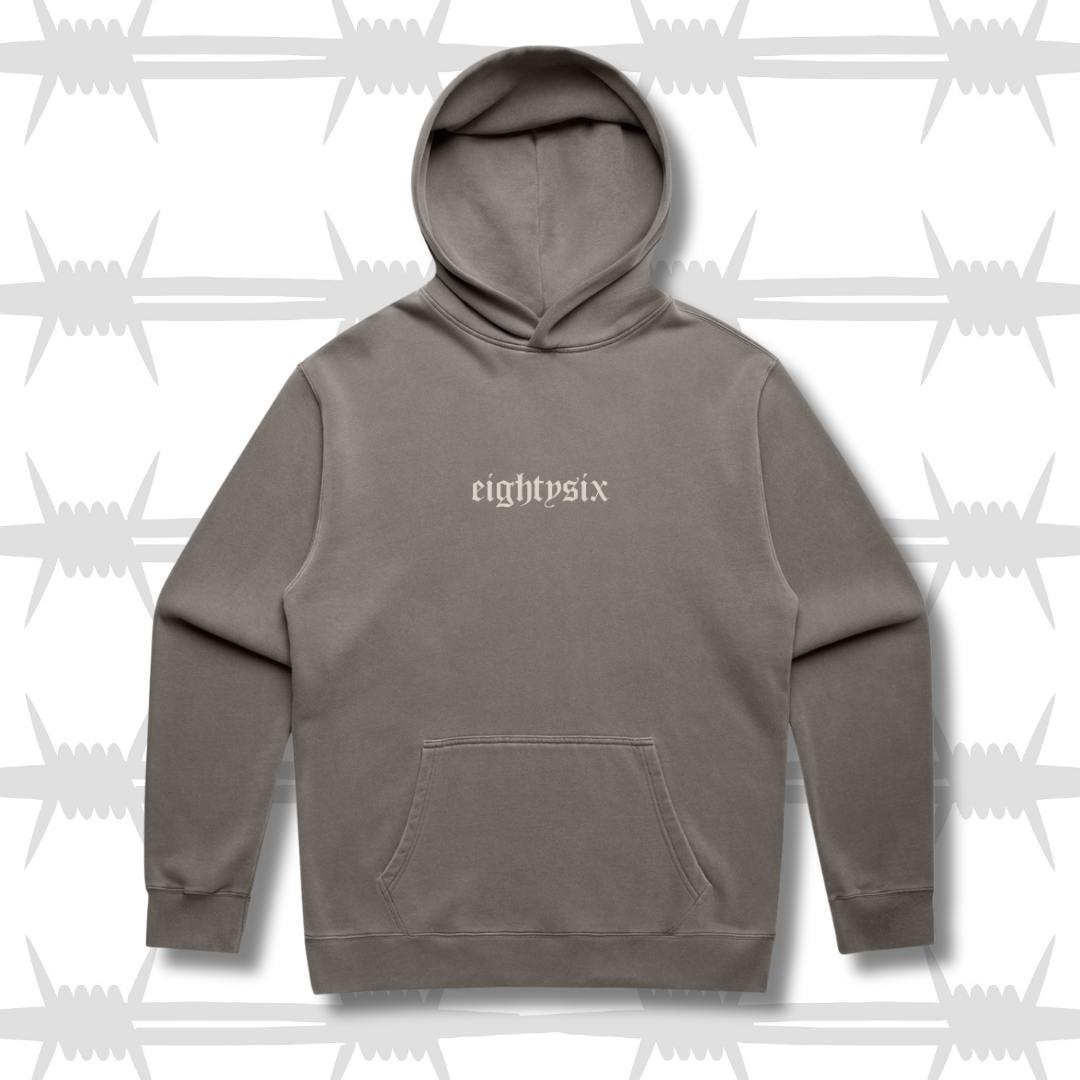 Grey hoodie with eightysix in white on front 