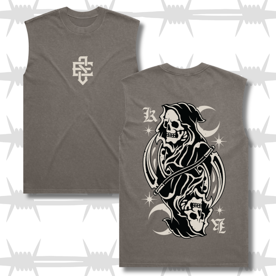 Grey tank top with eightysix in white on front and tattoo inspired reaper design in the style of a king playing card