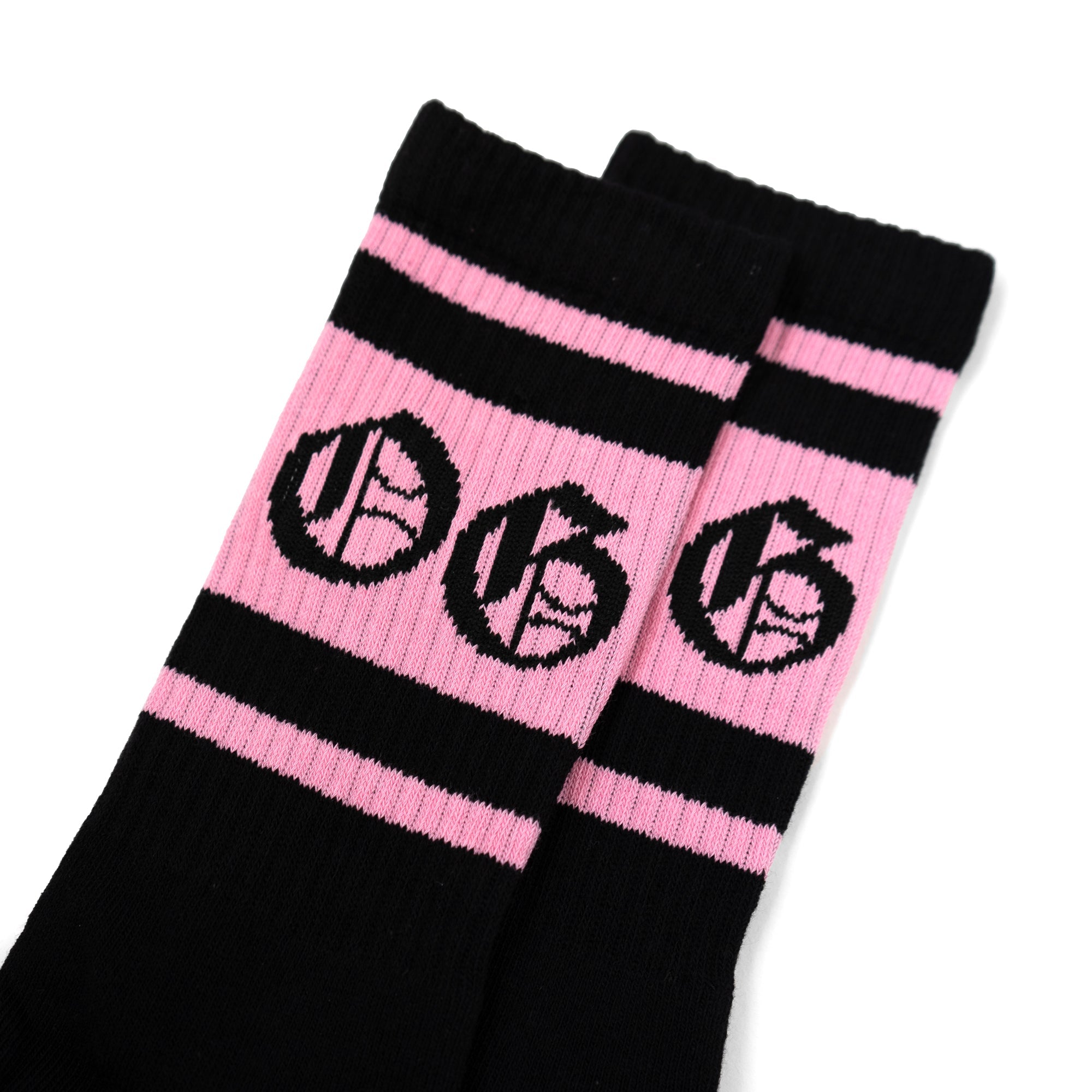 Black socks with 3 bubblegum pink stripes and a black OG logo 