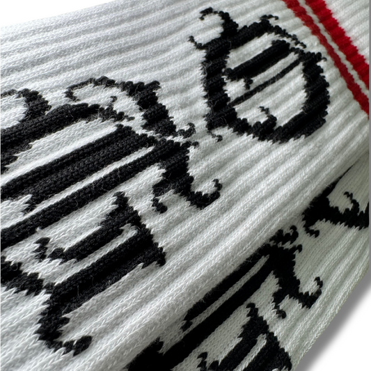 White OG socks with OG writen in old english and two red stripes