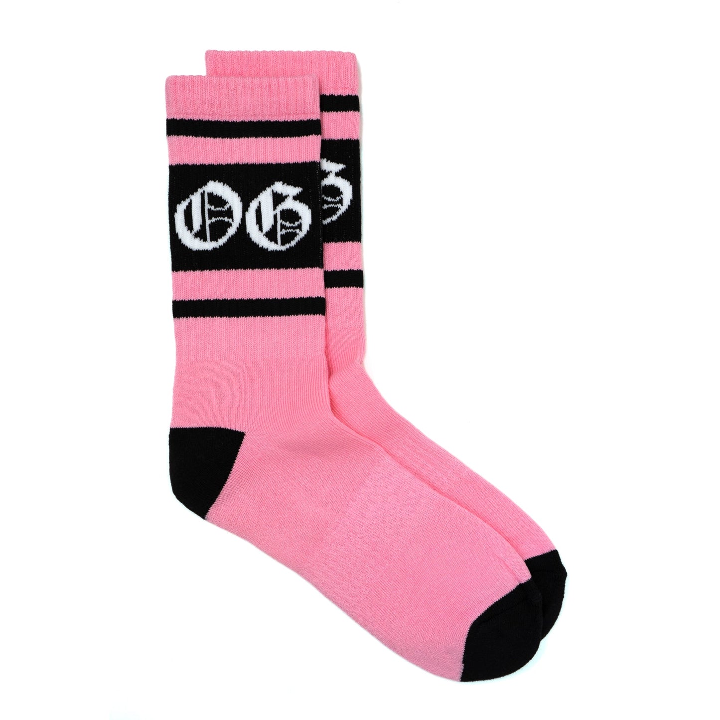 Bubblegum pink og socks with black stripes and white OG logo
