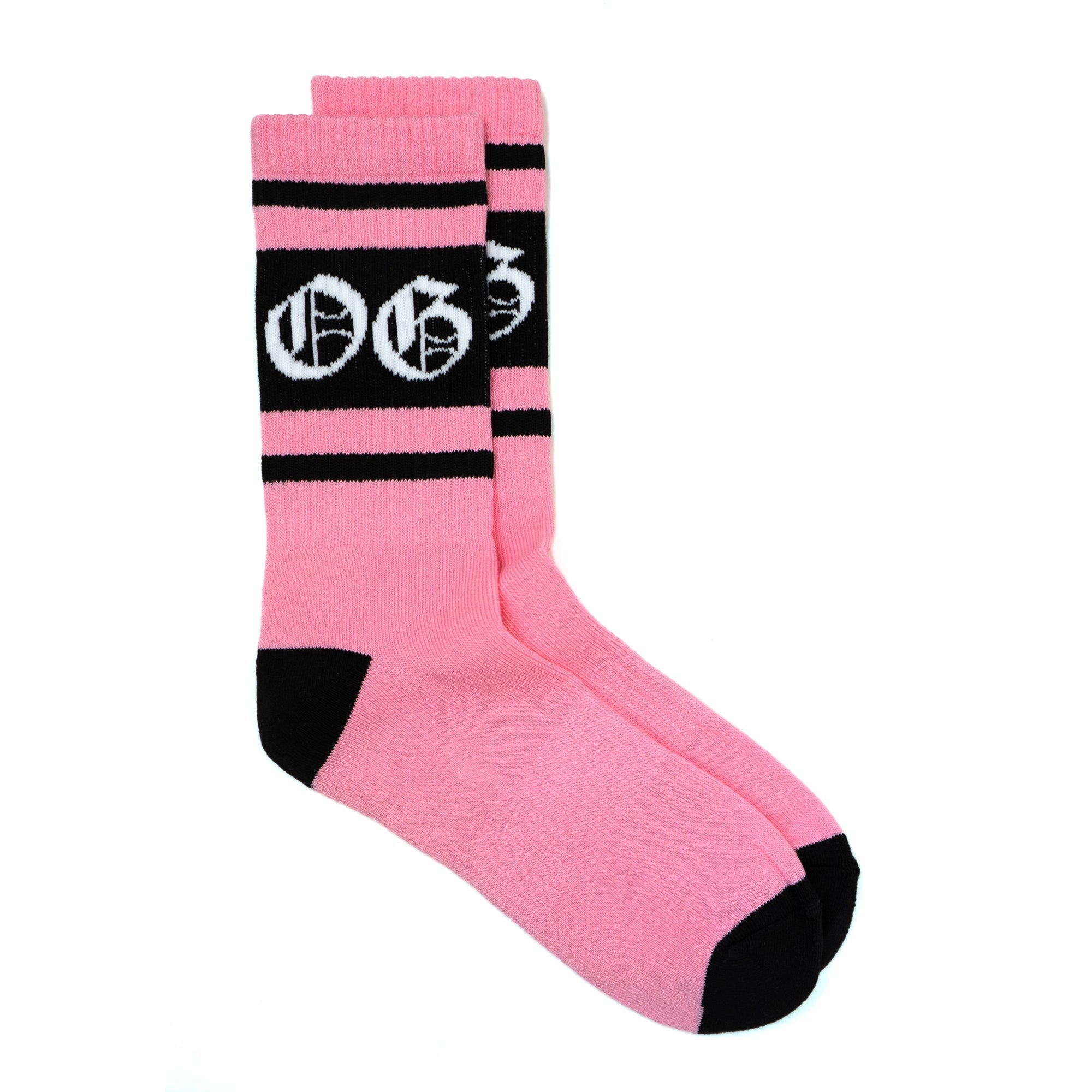 Bubblegum pink og socks with black stripes and white OG logo