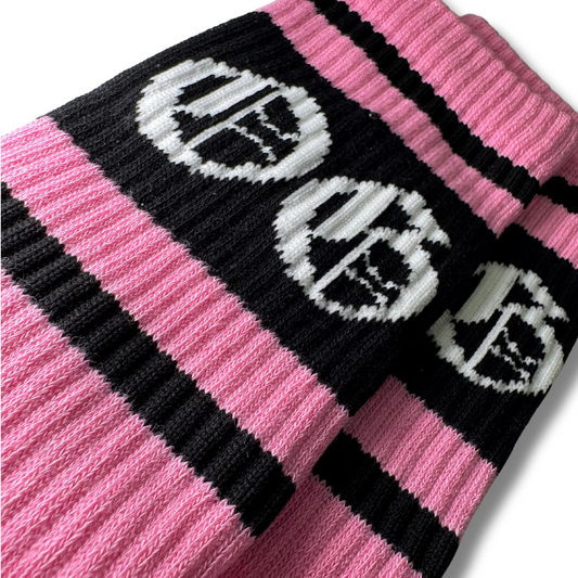 Bubblegum pink og socks with black stripes and white OG logo