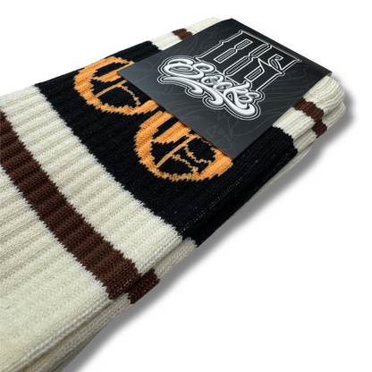 White OG socks with two espresso stripes and a black band with an orange OG logo