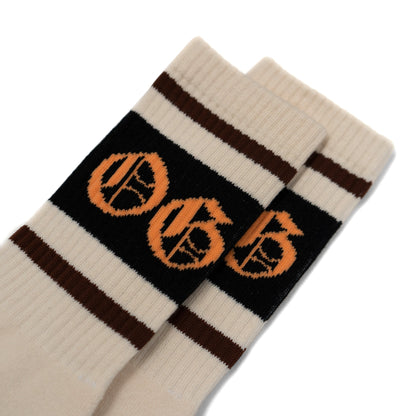 White OG socks with two espresso stripes and a black band with an orange OG logo