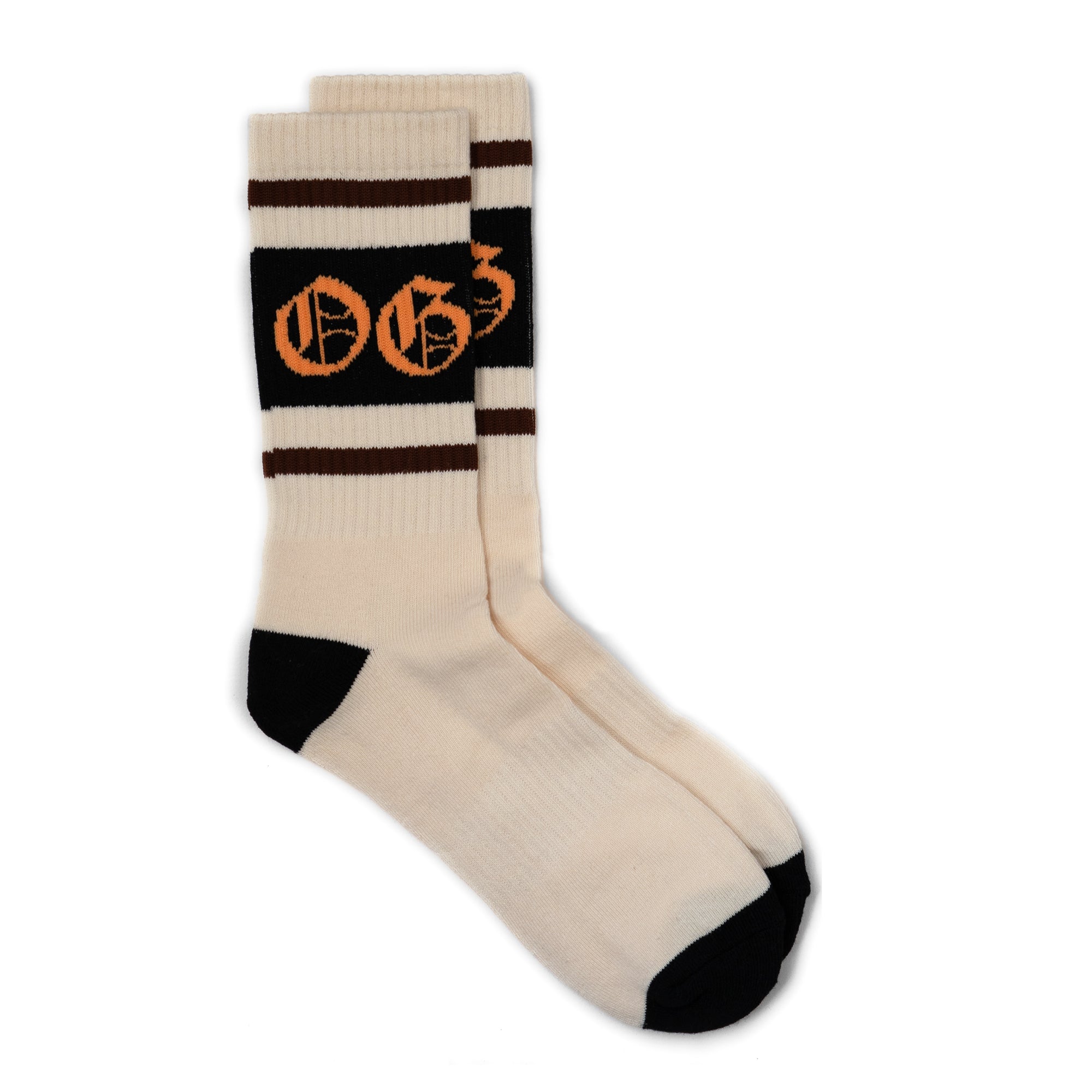 White OG socks with two espresso stripes and a black band with an orange OG logo