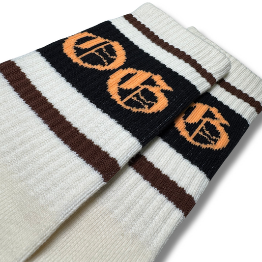 White OG socks with two espresso stripes and a black band with an orange OG logo