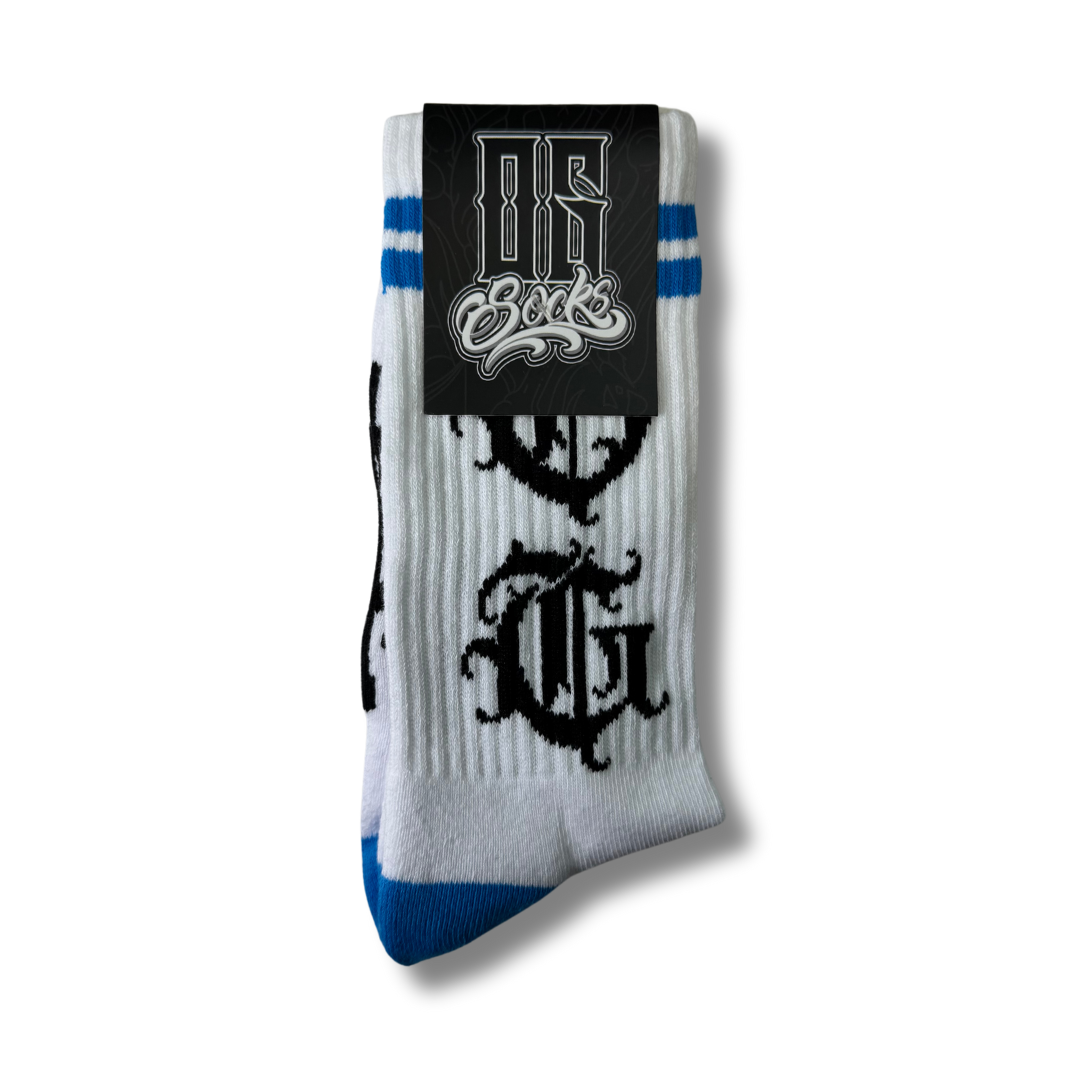 White og sock with two blue stripes and OG logo written in old english