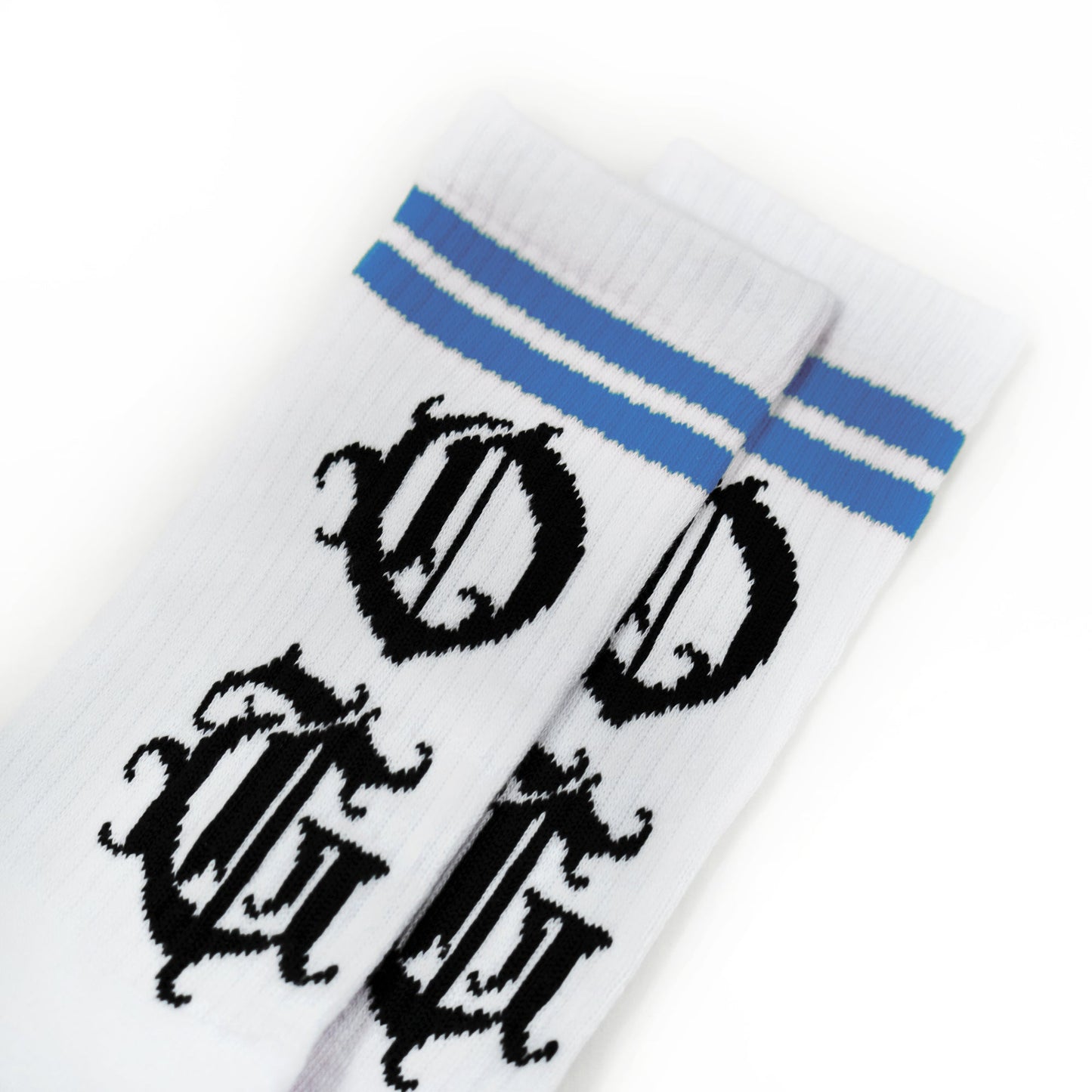 White og sock with two blue stripes and OG logo written in old english
