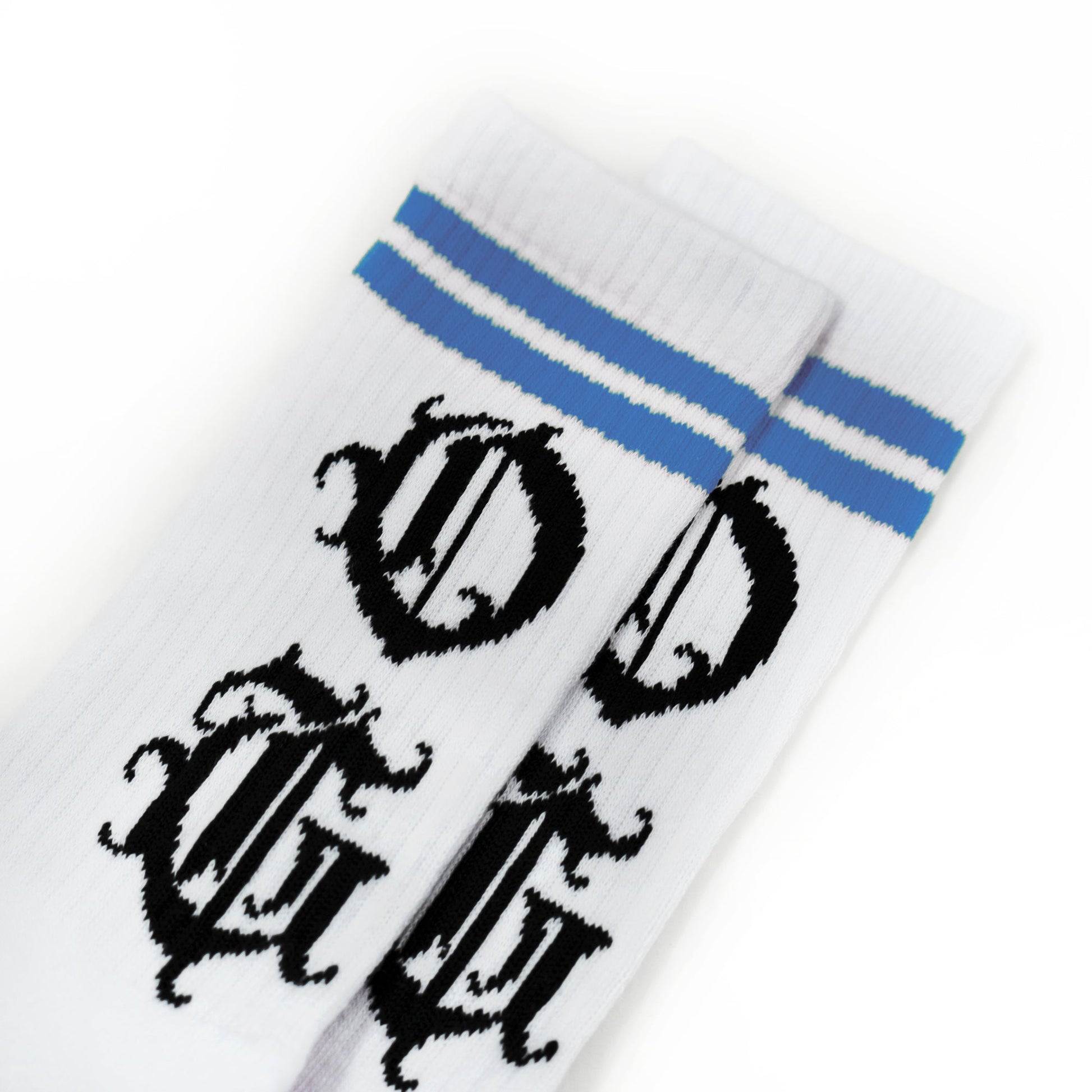 White og sock with two blue stripes and OG logo written in old english