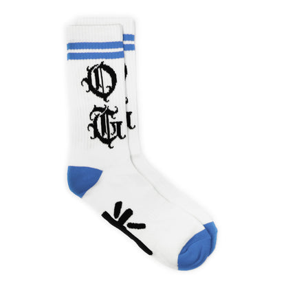White og sock with two blue stripes and OG logo written in old english