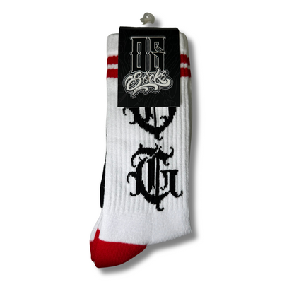 White OG socks with OG writen in old english and two red stripes