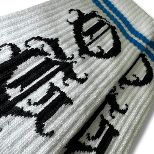 White og sock with two blue stripes and OG logo written in old english