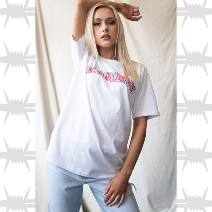 Old English script t-shirt in white with old english tattoo eightysix logo worn by female alternative model 