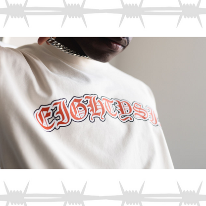 Old english tattoo script tshirt in white worn by alternative model