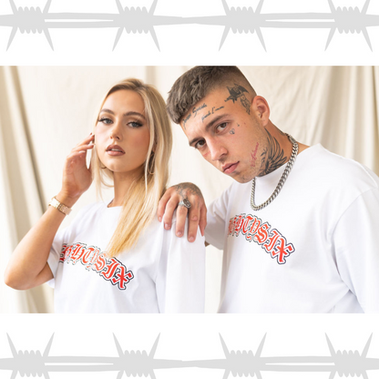 Old english script t-shirt in white worn by male and female alternative lifestyle models