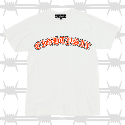 Old English tattoo script t-shirt in white with orange script