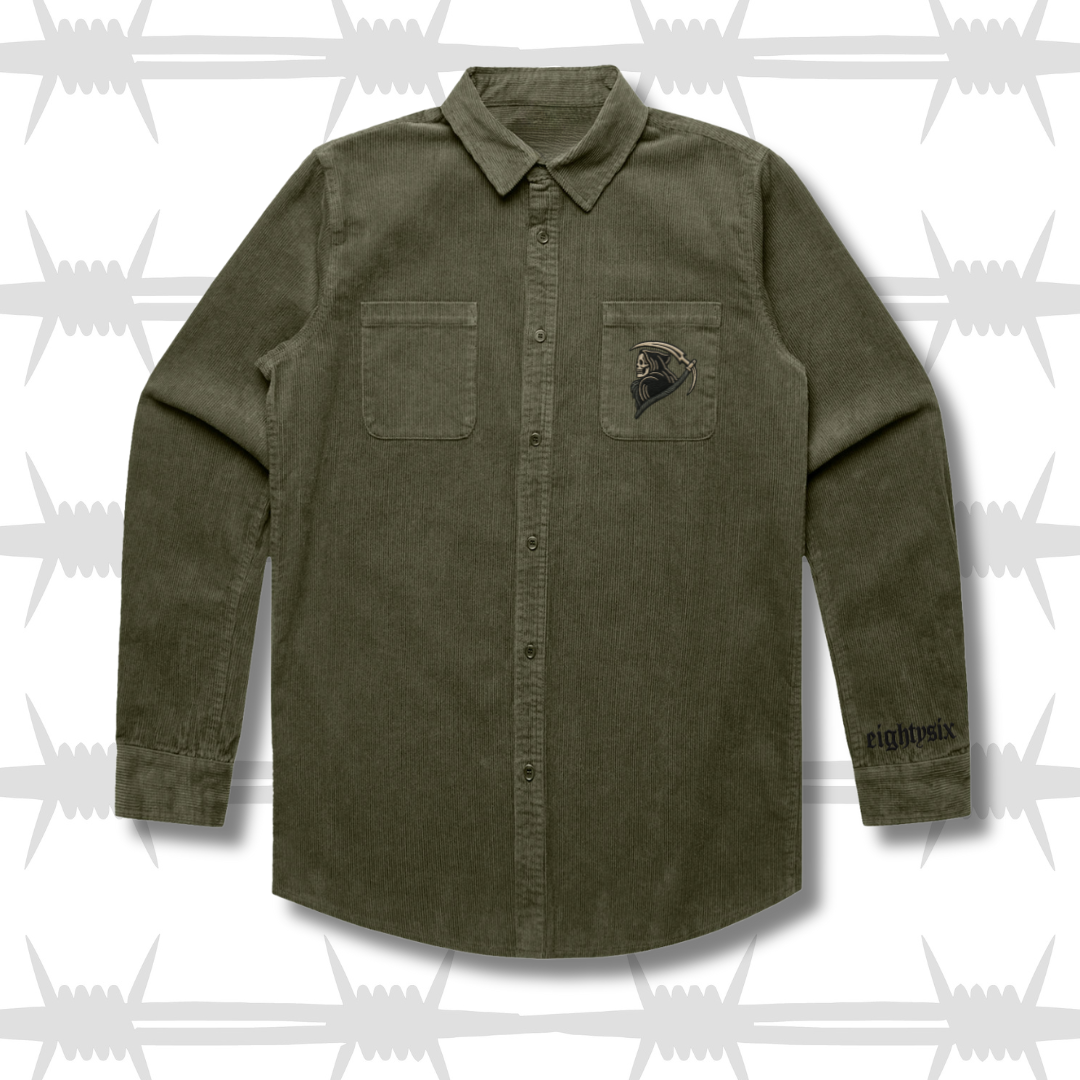Moss green cord workwear shirt with tattoo inspired reaper design