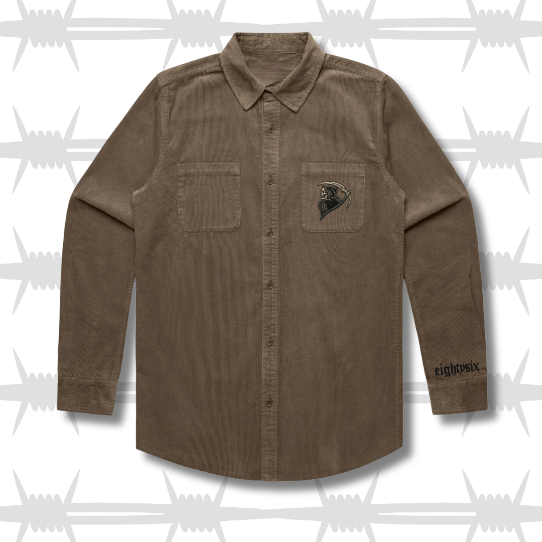 Walnut brown cord workwear shirt with a tattoo inspired reaper design