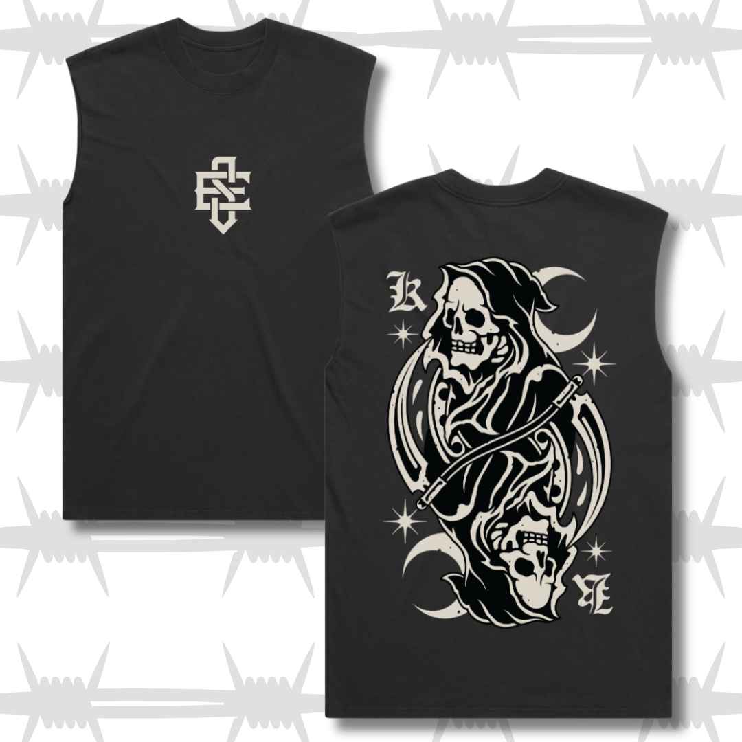 Black tank top with eightysix in white on front and tattoo inspired reaper design in the style of a king playing card