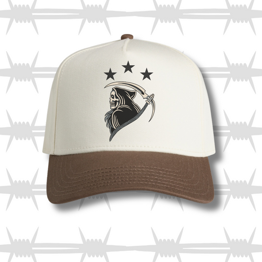 two tone cap with walnut peak and traditional tattoo style reaper design