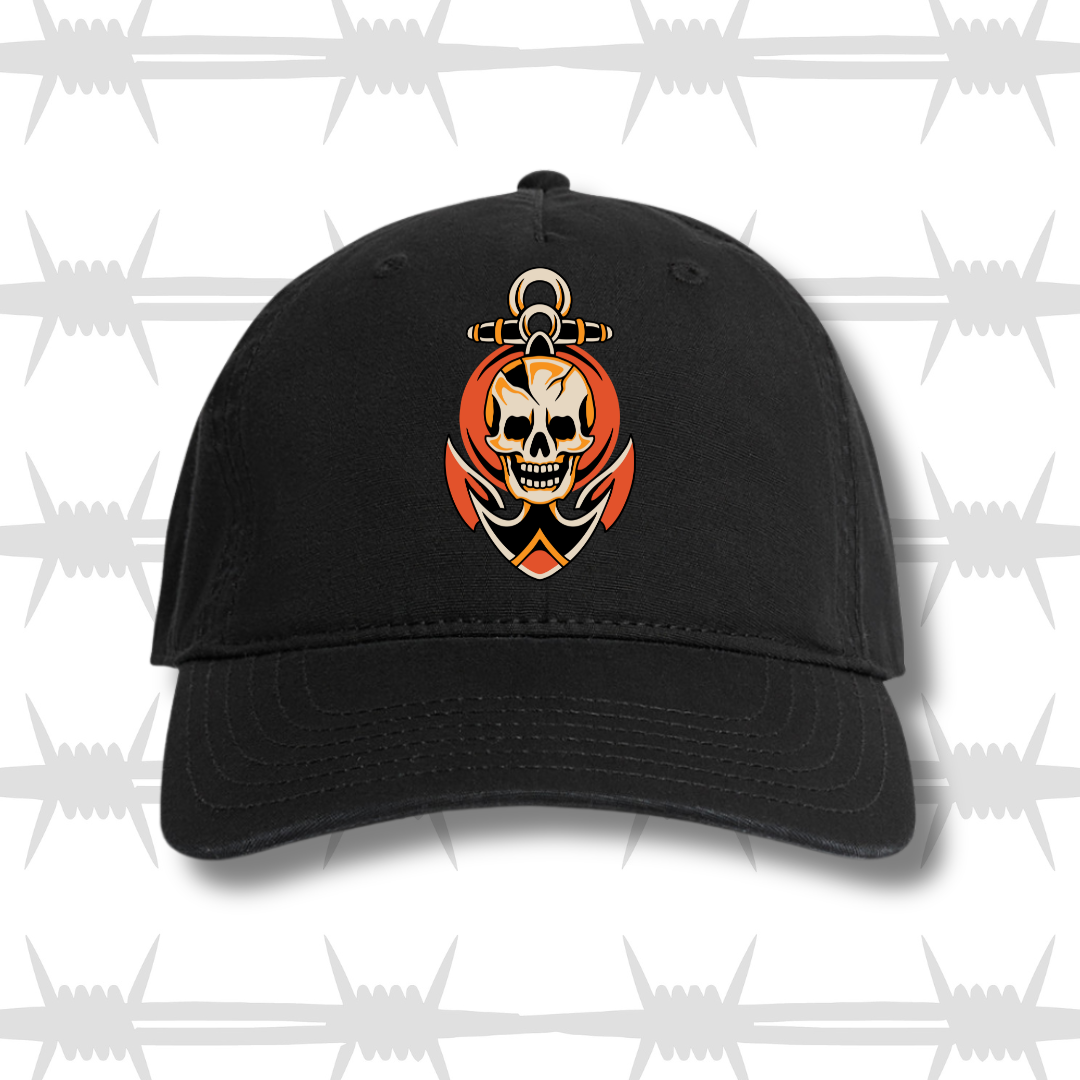 Black dad cap with traditional tattoo style skull and anchor design