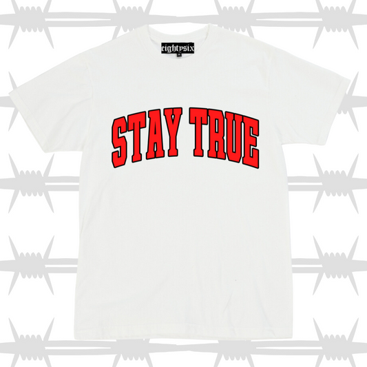 Stay true varsity t-shirt in white with orange stay true text and eightysix logo in tag