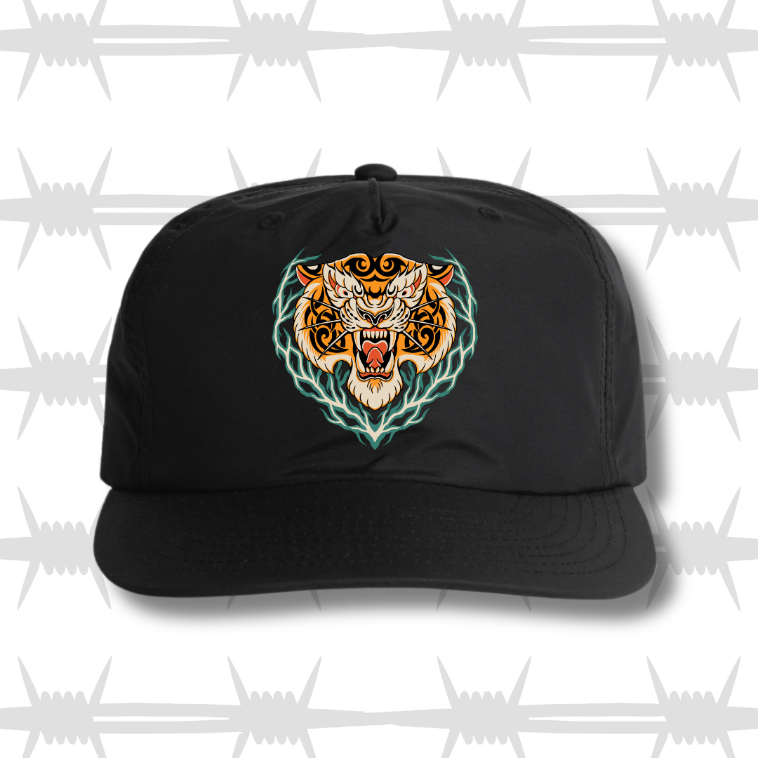 black surf cap with traditional tattoo style tiger design