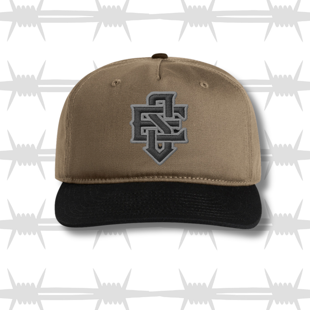 Black and brown two tone cap with embroidered ES logo and tattoo inspired reaper design front shot