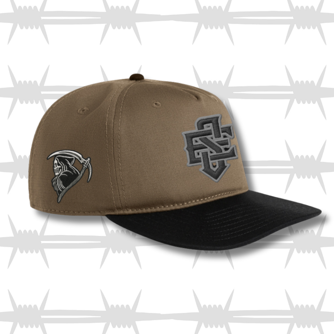Black and brown two tone cap with embroidered ES logo and tattoo inspired reaper design on the side