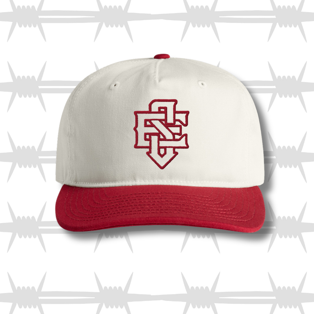 Red and white two tone cap with embroidered ES logo and tattoo inspired reaper design front shot