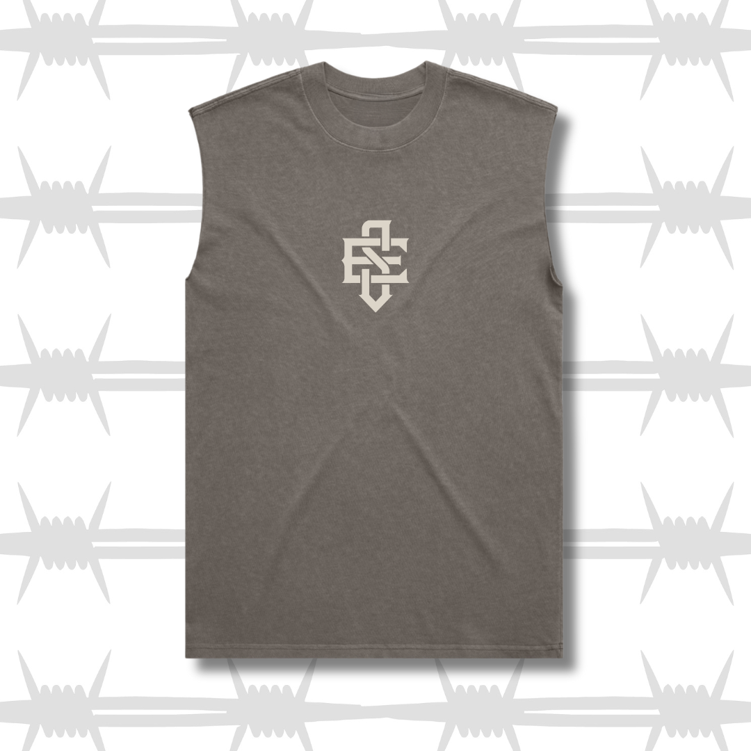 Grey tank top with eightysix in white on front and tattoo inspired reaper design in the style of a king playing card