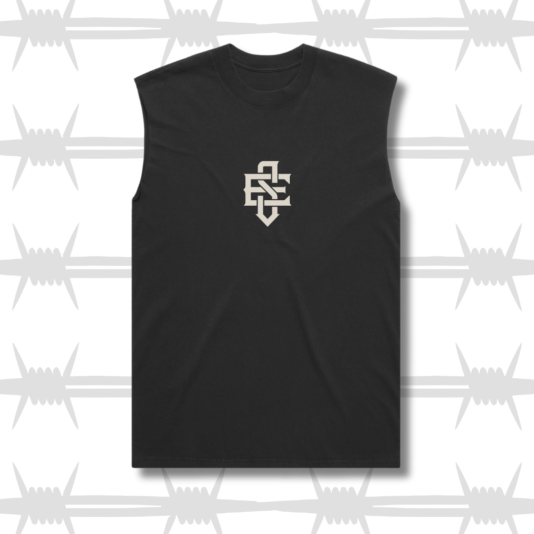 Black tank top with eightysix in white on front and tattoo inspired reaper design in the style of a king playing card
