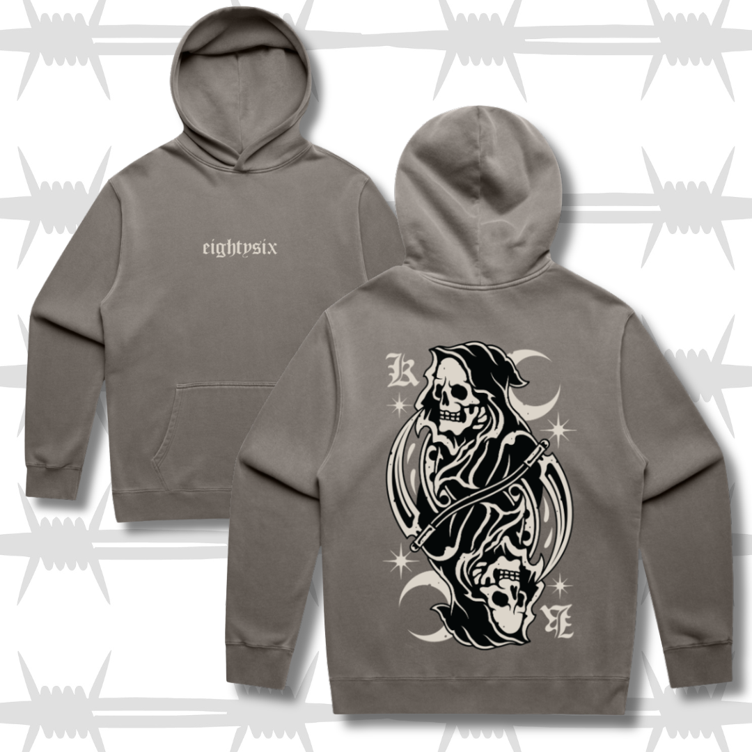 Grey hoodie with eightysix in white on front and tattoo inspired reaper design in the style of a king playing card