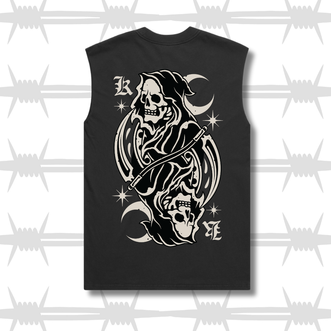 Black tank top with eightysix in white on front and tattoo inspired reaper design in the style of a king playing card