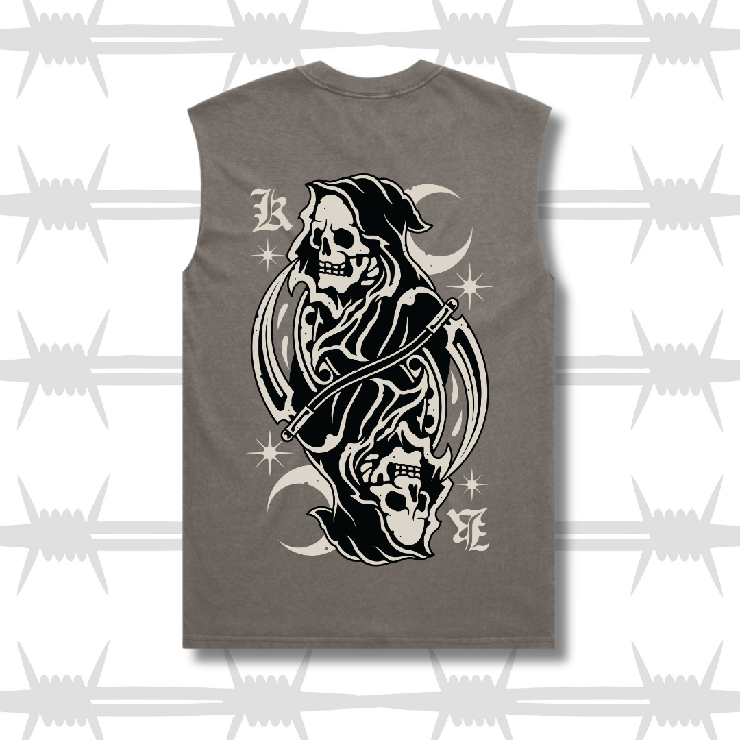 Grey tank top with eightysix in white on front and tattoo inspired reaper design in the style of a king playing card