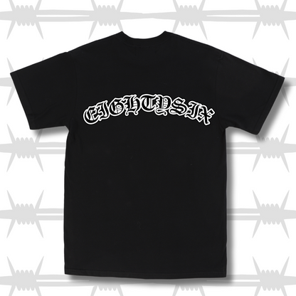 Old English tattoo script t-shirt in black with white writing